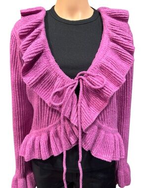 PINK ROSE Vibrant Front Tie Ruffle Sweater XL